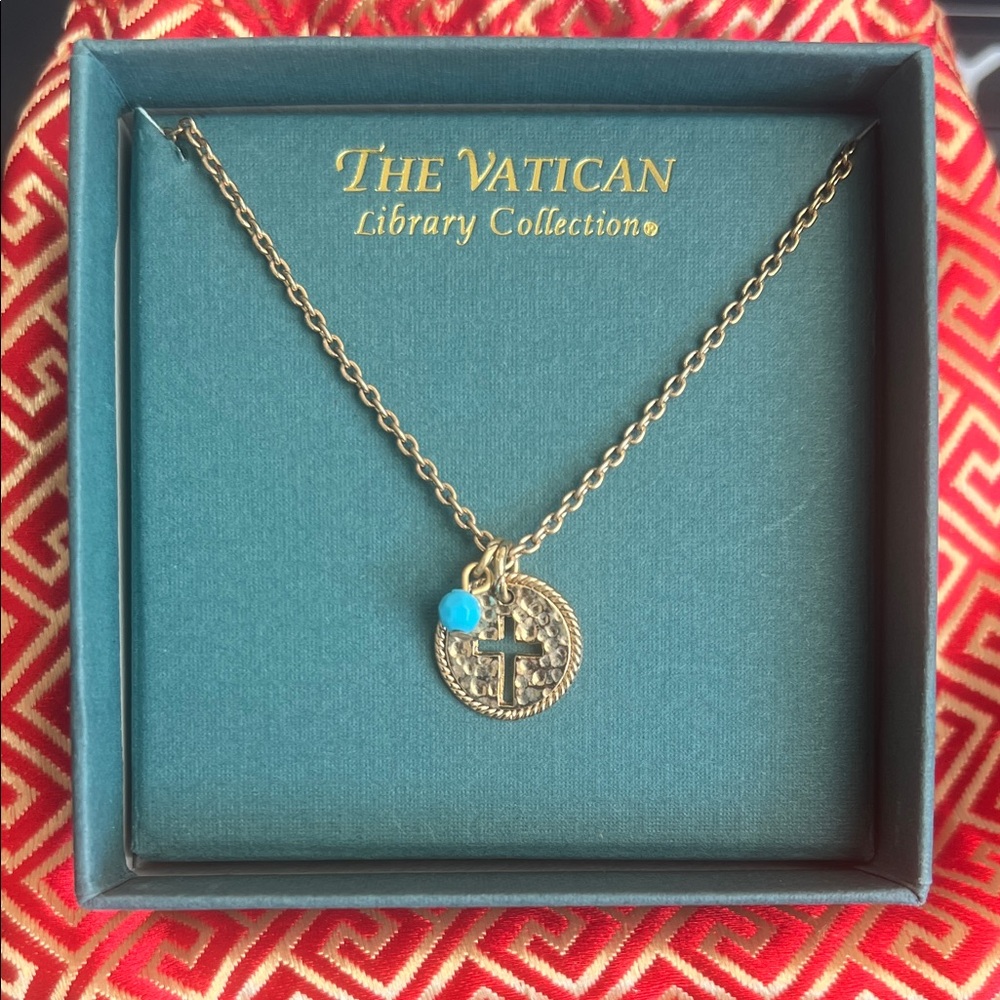 Gold Cross Necklace with Turquoise Accent - Vatican Collection NWT, box & bag